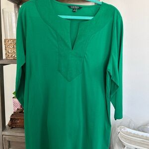Ralph Lauren Size 1X Women’s Kelly Green Tunic Top 3/4 Sleeve Blouse 100% Cotton